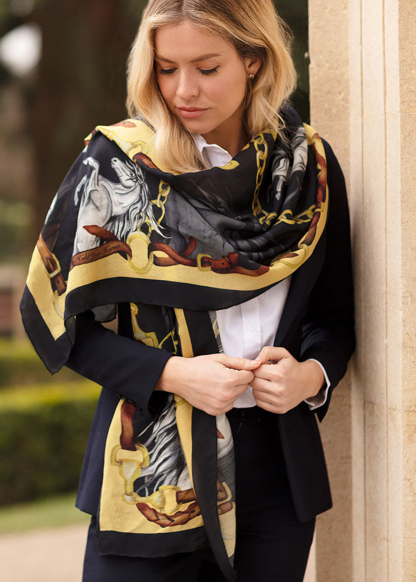The Off Centre Shoulder Wrap, the best way to tie a rectangluar or classic silk scarf.